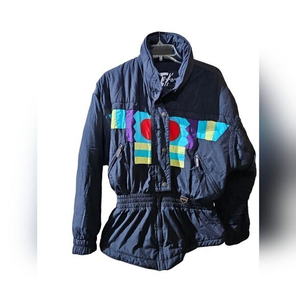TYROLIA Women’s Vintage 80s 90s Ski Jacket Coat Black Aztec Peplum - Size 10 - Picture 1 of 11